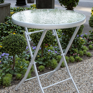 Leisure Modern Steel <b>Foldable</b> Round Glass Coffee Dining Patio <b>Table</b> With Portable Design for Courtyard & Park Use - Product Image 1