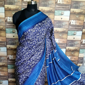 Elegante azul Handloom Ikat Sari para adultos tradicional étnico seda algodón Sari con motivos tribales estampado de moda ropa informal - Product Image 1
