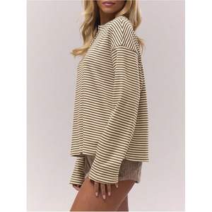 Camiseta Henley Personalizada para Mujer, de Manga Larga a Rayas, Hombros Caídos, 100% Algodón Tejido, para Uso Diario - Product Image 2