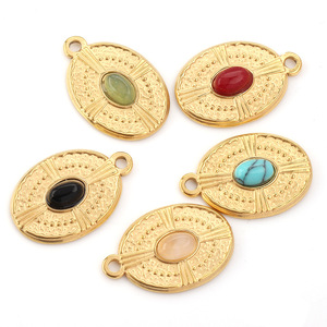 Pendentif ovale en acier inoxydable avec incrustation de pierres naturelles turquoise, rouge, noir et vert pour la fabrication de boucles d'oreilles, accessoires de bijouterie H1322 - Product Image 5