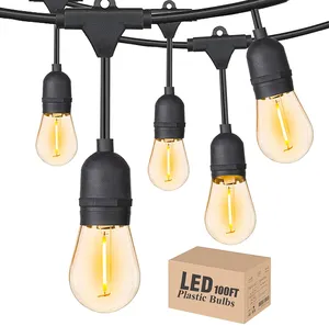 Lampu tali luar ruangan LED 100 kaki 48 kaki dengan 30 soket S14 dapat diredupkan plastik antik lampu Edison IP65 dekorasi lampu tali LED
