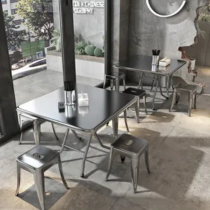 Industrial Stainless Steel Metal Cafe Shop Tables And Chairs Simple Design Commercial Furniture Restaurant Table Set
