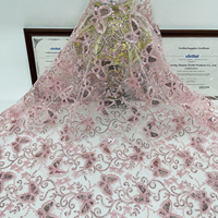 Tissu en maille rose uni avec papillons, orné de paillettes et de broderies perlées, 100 % polyester, poids moyen, pour robes de soirée