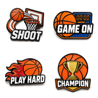 En gros, Pin's de revers en émail souple sur le thème du basketball, avec motifs 'SHOOT GAME PLAY HARD', 'Sports', 'Équipe', 'Cadeau', 'Souvenir', et broche en métal personnalisée
