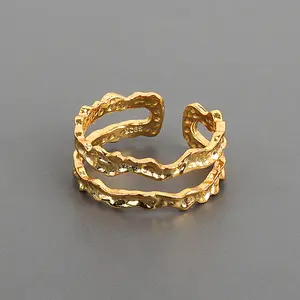 pawnable or anneaux Suppliers-Bague ajustable pour femme, bijoux simples en or 18k, lignes géométriques en treillis, plaqué or, sterling
