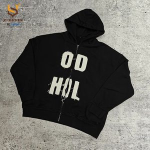 Manufacturer 450 Gsm Sun Faded Acid Washed Custom Logo Distressed Embroidery Patchwork Zip up Heavy Weight Rhinestone Hoodie - Product Image 1