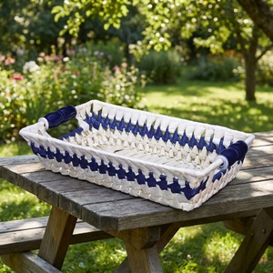 Bright Green Woven Serving <b>Tray</b> Rectangular Decorative <b>Basket</b> Container with Beaded Wooden Handles Wholesale - Product Image 1