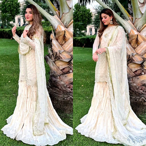 Ensemble Salwar Kameez pour femmes, haut long à broderies lourdes, en soie satinée, motif uni, style Bollywood, robe de soirée et de mariage - Product Image 4
