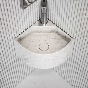 Lavabo <span class=keywords><strong>Angolare</strong></span> Galleggiante Elegante in Micro Marmo Lucidato per Bagno, Lavabo da Appoggio in Marmo - Product Image 2