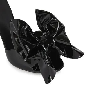 Noir Peep Toe <span class=keywords><strong>Mules</strong></span> à talons hauts avec nœud femmes sandales à talons chaussures habillées dames été talons noués pantoufles grande taille