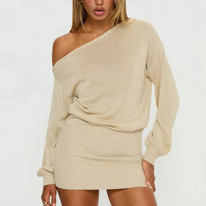 Robe pull mini moulante en maille élégante beige pour femme, à épaules dénudées et manches ballon, effet scintillant, style décontracté et sexy - Product Image 2