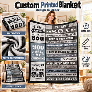 Coperta Personalizzata per Figlio, Coperta con Citazione Motivazionale 'Orgoglioso di Te', Morbida e Confortevole, Servizio OEM ODM, Dimensioni e Design Personalizzabili - Product Image 1