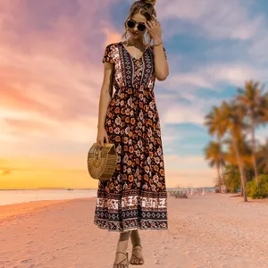 Summer Hawaiian Sun Dress Boho Flowy Bandage Floral Print V Neck Short Sleeve High Waist Long Maxi Beach Dresses For Women