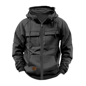 Nuovo autunno e inverno felpa in tinta unita con cappuccio da uomo felpa sportiva giovanile europea e americana Multi-tascabile in pelle Jac - Product Image 2