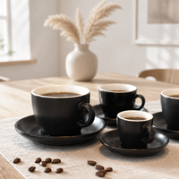 Ensemble de tasses et soucoupes à expresso en céramique épaisse émaillée, 4 tailles, noir mat, intérieur blanc, couleur personnalisée, logo, qualité alimentaire, café en gros, LEXI