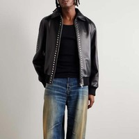 Blouson Bomber en Cuir PU Clouté Réversible Coupe Vents Style Punk Streetwear Hiver avec Logo Personnalisé OEM Vente en Gros