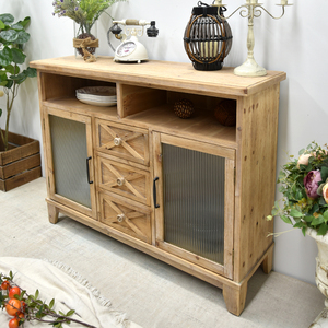 <b>Rustic</b> Vintage Farmhouse Style Solid Wood Durable High Quality Glass Door Carved Storage Drawers for Home Bar Living Room - Product Image 4