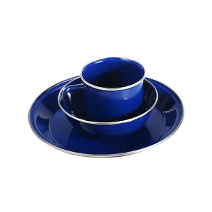 热销环保食品级金属蓝色搪瓷杯蓝色搪瓷碗蓝色搪瓷餐盘套装