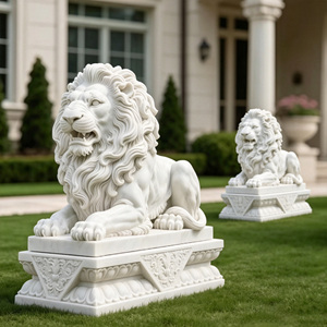 Statues de lions couchés en marbre naturel de qualité supérieure, sculpture de lion en pierre blanche sculptée à la main pour l'entrée d'hôtels et de villas - Product Image 2