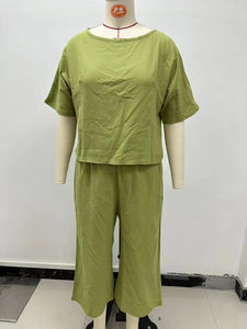 Vente en gros 2024 <span class=keywords><strong>lin</strong></span> coton européen et américain <span class=keywords><strong>grande</strong></span> <span class=keywords><strong>taille</strong></span> ample couleur unie chemise <span class=keywords><strong>pantalon</strong></span> décontracté ensemble pour femmes - Product Image 6