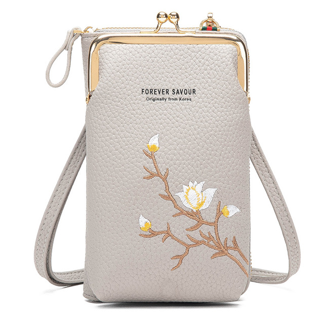 Kunhao New PU Pearl Rivet Embroidery Diamonds Beading Criss-cross Crossbody Long Fashion Women's Mini Mobile Phone Purse
