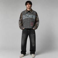 DiZNEW 2026 Veste Homme High Street Gothique avec Logo et Patchwork, en Denim Gris Délavé et Épais, Vêtement d'extérieur Darkwear, OEM