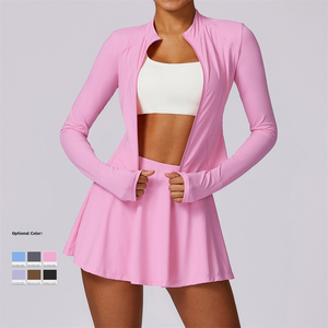 Logo Kustom Musim Panas Slim Lengan Panjang Cepat Kering Spandex/Nilon Kerah Tegak Setelan Tenis Golf Dua Potong Wanita Jaket Ritsleting Rok - Product Image 3