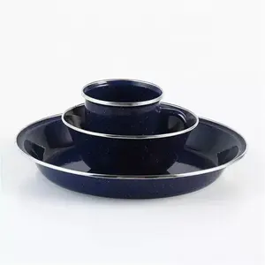 Set da campeggio smaltato blu stoviglie Vintage smalto da campeggio tazza ciotola piatti Set stoviglie