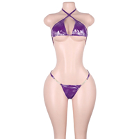Bikinis deux pièces sexy en cuir effet mouillé avec détails métalliques ajourés, soutiens-gorge string, tenues pour club, Bottle Girl, adultes, festivals, raves et boîtes de nuit