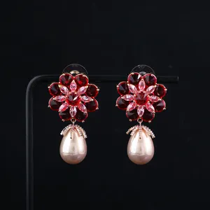 High Quality Luxury Red Zircon Flower Earrings For Women 2024 Designer Pearl Drop Earrings