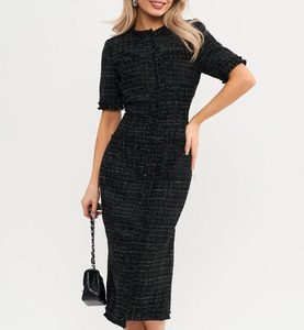 Nuovo Arrivo: Elegante Abito <span class=keywords><strong>Midi</strong></span> Nero da Donna, Stile Francese Casual, Tinta Unita, Maniche Corte, Bottoni Frontali, Eco-Friendly, Vintage, Aderente in Vita - Product Image 1
