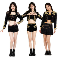 Costume de scène sexy noir et or brodé, tenue de danse K-pop Jazz, ensemble 2 pièces à franges militaires pour femmes