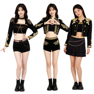 Conjunto de 2 Piezas de Ropa de Baile K-pop Jazz con Borlas <span class=keywords><strong>Militares</strong></span>, Bordado en Negro y Dorado, para Actuaciones en Escenario, para Mujer - Product Image 1
