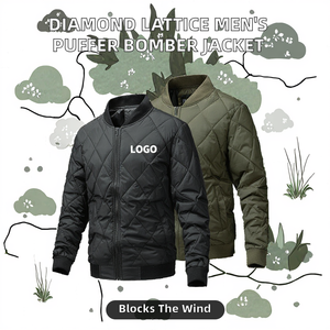 Veste matelassée à col en V et fermeture éclair en treillis de diamants pour homme, unie, teinte, enduite, décontractée, en laine d'hiver - Product Image 2