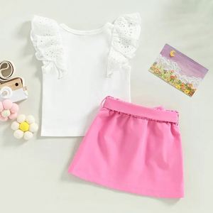 Set di Abbigliamento Estivo 2024HO per Bambine 1-5 Anni, Top con Maniche in Pizzo e Gonna Tinta Unita con Cintura - Product Image 4