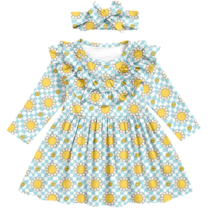 Milk Silk <b>Girls</b> <b>Long</b> Sleeve Ruffle <b>Dress</b> With Matching Headband, All Over Print Toddler <b>Dress</b>, OEM ODM Custom Children outfits - Product Image 1