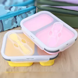 Bestseller Opvouwbare Bpa Gratis 2 Compartimenten Vaatwasser Siliconen Bento Lunchbox Magnetron Veilige Voedselcontainers Met Deksels