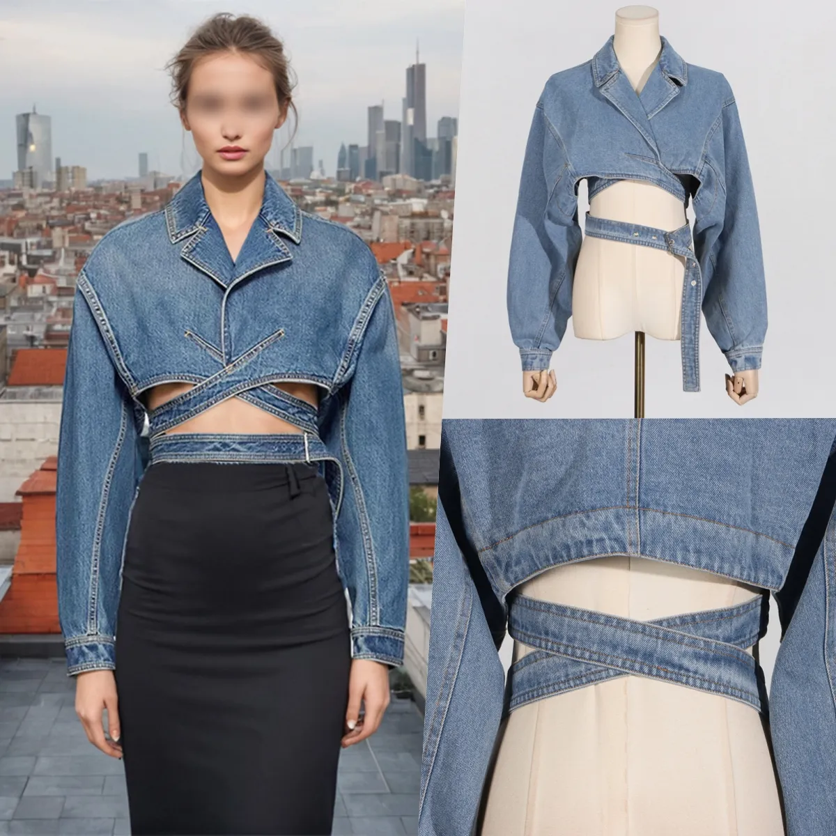 Newest Spring Fall Winter Unique Casual Streetwear Motorcycle Crossed Belt Hollow Out Denim Jeans Women's Crop Jacket Coats