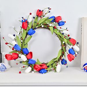 Guirlande florale patriotique rouge, blanc et bleu pour la 4ème de juillet, décoration de porte d'entrée, tulipes artificielles, décoration murale pour le Memorial Day - Product Image 2