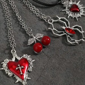 [Gorgeousxx] Ensemble de colliers pendentifs Y2K gothiques avec croix <span class=keywords><strong>rouge</strong></span>, cœur et cerise pour femme, bijoux de fête - Product Image 2