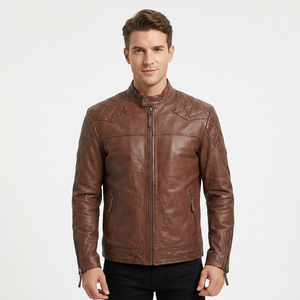 Chaqueta de Cuero Genuino Marrón para Hombre, Ajustada, Estilo Motero, de Piel de Vacuno, con Hombros Acolchados, Estilo Cafe Racer, Personalizada, Abrigo Cálido de Invierno - Product Image 1