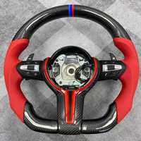 Setir Kemudi Flat Bottom Serat Karbon Asli untuk BMW F30 F10 M3 M5 Style Kulit Berlubang Jahitan Merah Biru 375mm