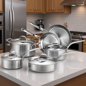 ชุดเครื่องครัวสแตนเลสตอก 3 ชั้นชุดหม้อปรุงอาหาร 10 ชิ้นพร้อมฝาเหล็กสําหรับทําอาหารในครัวที่บ้าน - Product Image 1