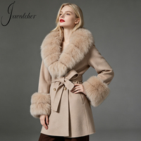 Manteau en laine véritable avec col en fourrure de renard, ceinture, double boutonnage, automne-printemps, double face, vente en gros, sur mesure, manteau en cachemire coréen pour femmes