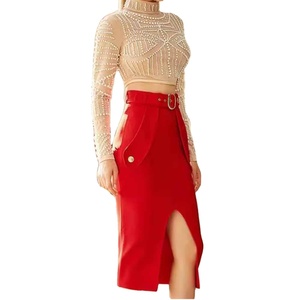 Custom High-Rise A-Line Midi <strong>Skirt</strong> For <strong>Women</strong> Elegant Red Knitwear Manufacturer For Spring Summer Autumn Winter Casual Natural