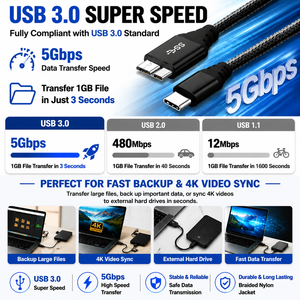 LUNG KAY USB-C ถึงไมโคร-บี 3.0 สายเคเบิล 5Gbps ความเร็วสูงฮาร์ดไดรฟ์ภายนอกสายข้อมูลสำหรับ WD ซีเกทแบบพกพา SSD MacBook OEM - Product Image 2