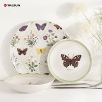 Service de table en porcelaine Tresun Vajilla Vaisselle, 18 pièces, design élégant de plantes, papillons et fleurs, style classique, finition sous glaçure