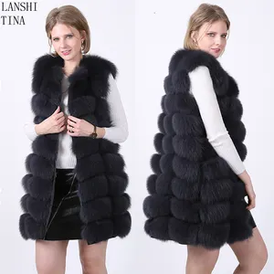 2022 New Winter Real Fox Fur Gilet Women Elegant Black Long Fox Fur Vest