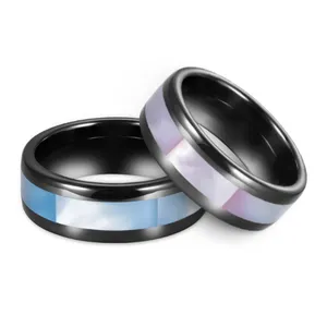 Somen, joyería de moda personalizada, banda de 8mm, anillos de cerámica negros de alto pulido con incrustaciones de concha azul púrpura para hombres y mujeres, boda