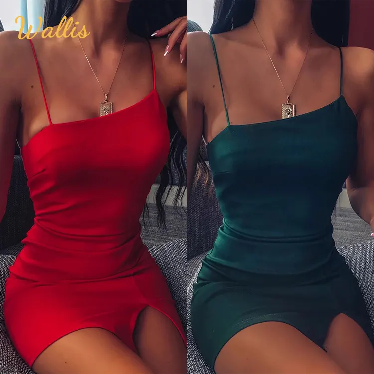2022 Spaghetti Strap Slit Sexy Mini Dress Women Fashion Summer Outfits Bodycon Party Club Dress